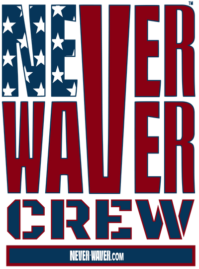 Never Waver Crew represents a bold and unique brand style with a stylized American flag look. This design reflects values of strength and unity, conveying a message of resilience.