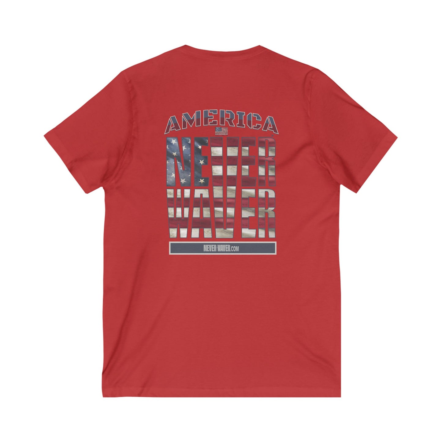 Unisex V-Neck Tee - 'America Never Wavers' Patriotic Shirt - Never Waver