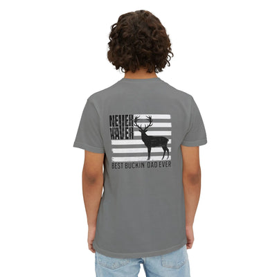 Unisex Garment-Dyed Pocket T-Shirt | "Never Waver Best Buckin' Dad Ever" Graphic Tee for Everyday Wear - Never Waver