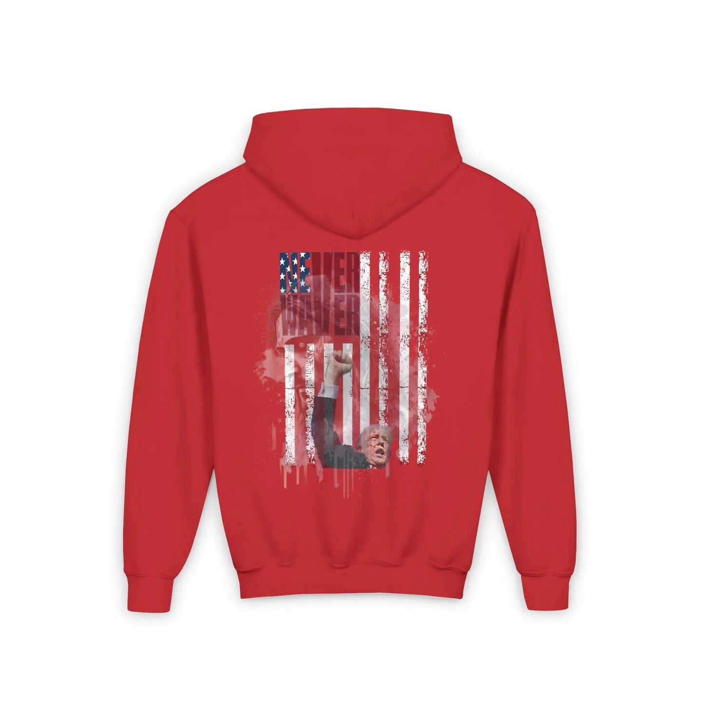 Never Waver Trump Fist Pump W Jesus Protection Vintage-Inspired Youth Hoodie with American Flag Design - Never Waver