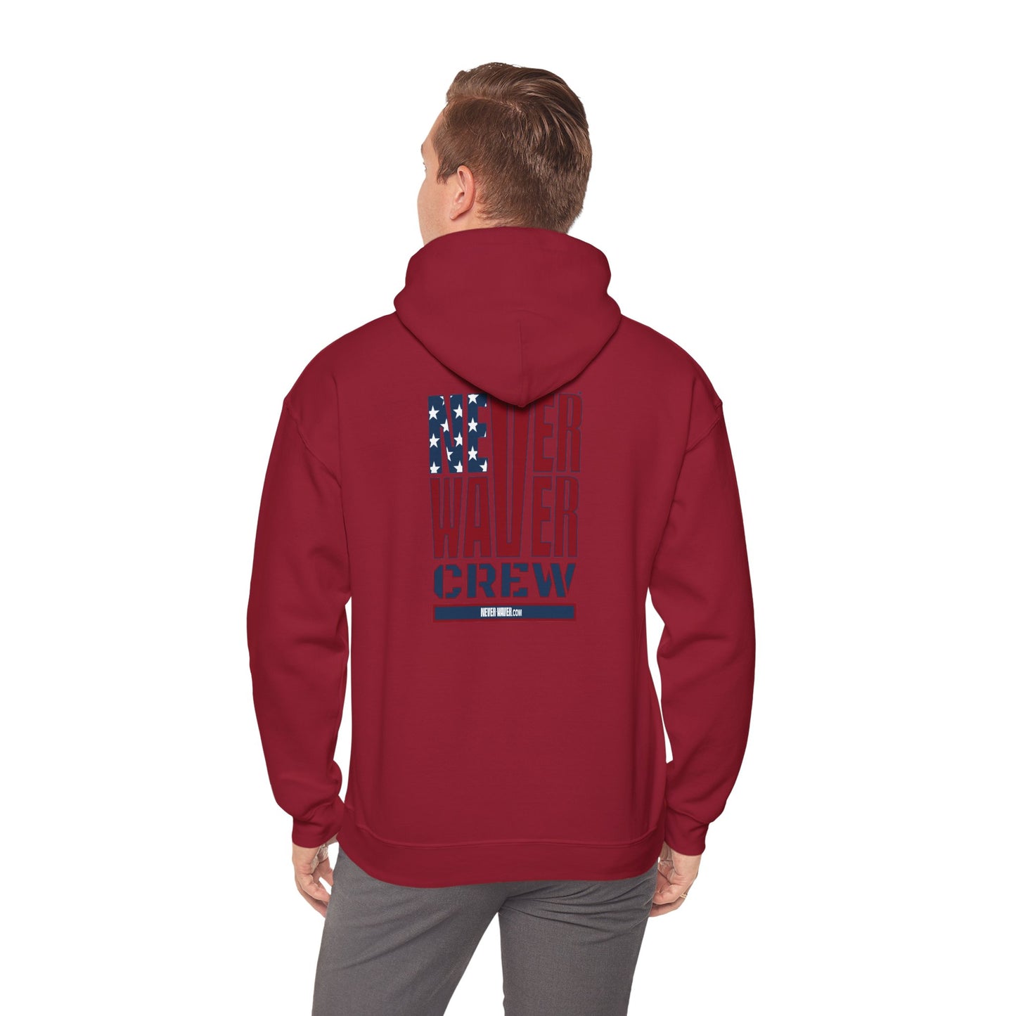 Unisex Heavy Blend™ Hooded Sweatshirt - Never Waver Crew with American Flag Design - Never Waver