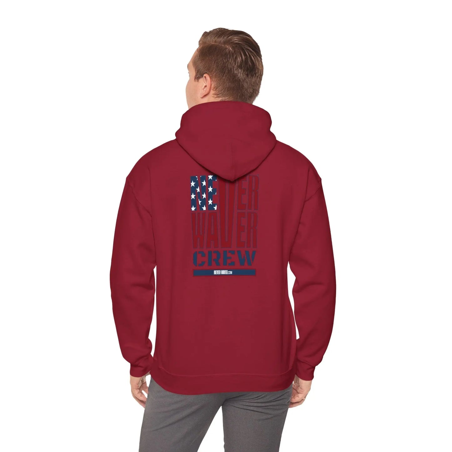 Unisex Heavy Blend™ Hooded Sweatshirt - Never Waver Crew with American Flag Design - Never Waver