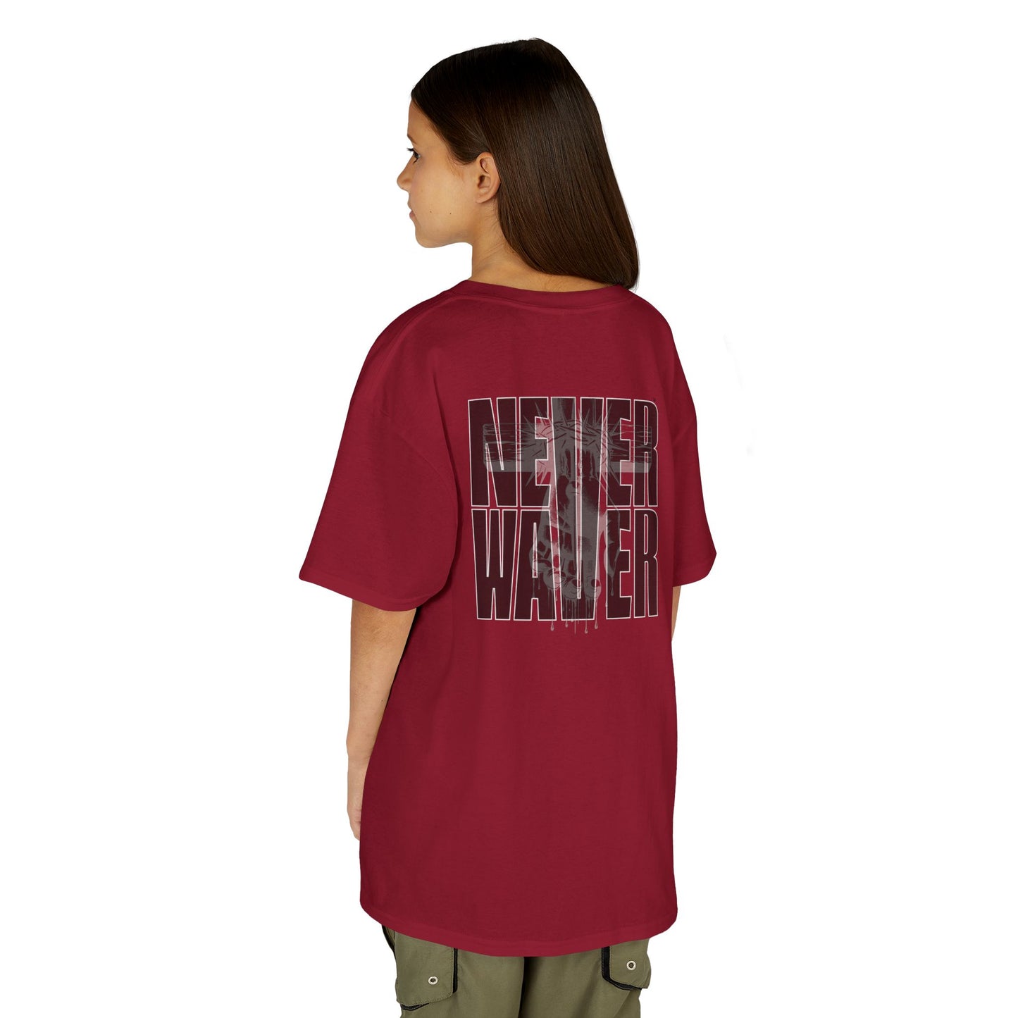Kids Tee Never Waver” Jesus t-shirt might feature a bold, eye-catching design that reflects a steadfast faith and confidence in Christ. - Never Waver