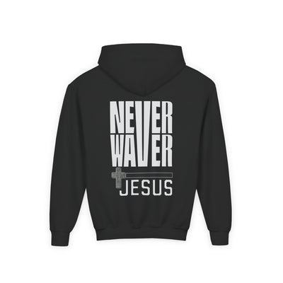 Youth Jesus Hoodie - "Never Waver” Jesus bold, eye-catching design that reflects a steadfast faith and confidence in Christ. " Sweatshirt for Young Jesus Lovers - Never Waver