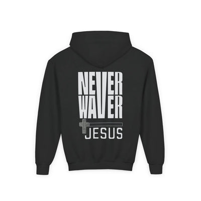 Youth Jesus Hoodie - "Never Waver” Jesus bold, eye-catching design that reflects a steadfast faith and confidence in Christ. " Sweatshirt for Young Jesus Lovers - Never Waver