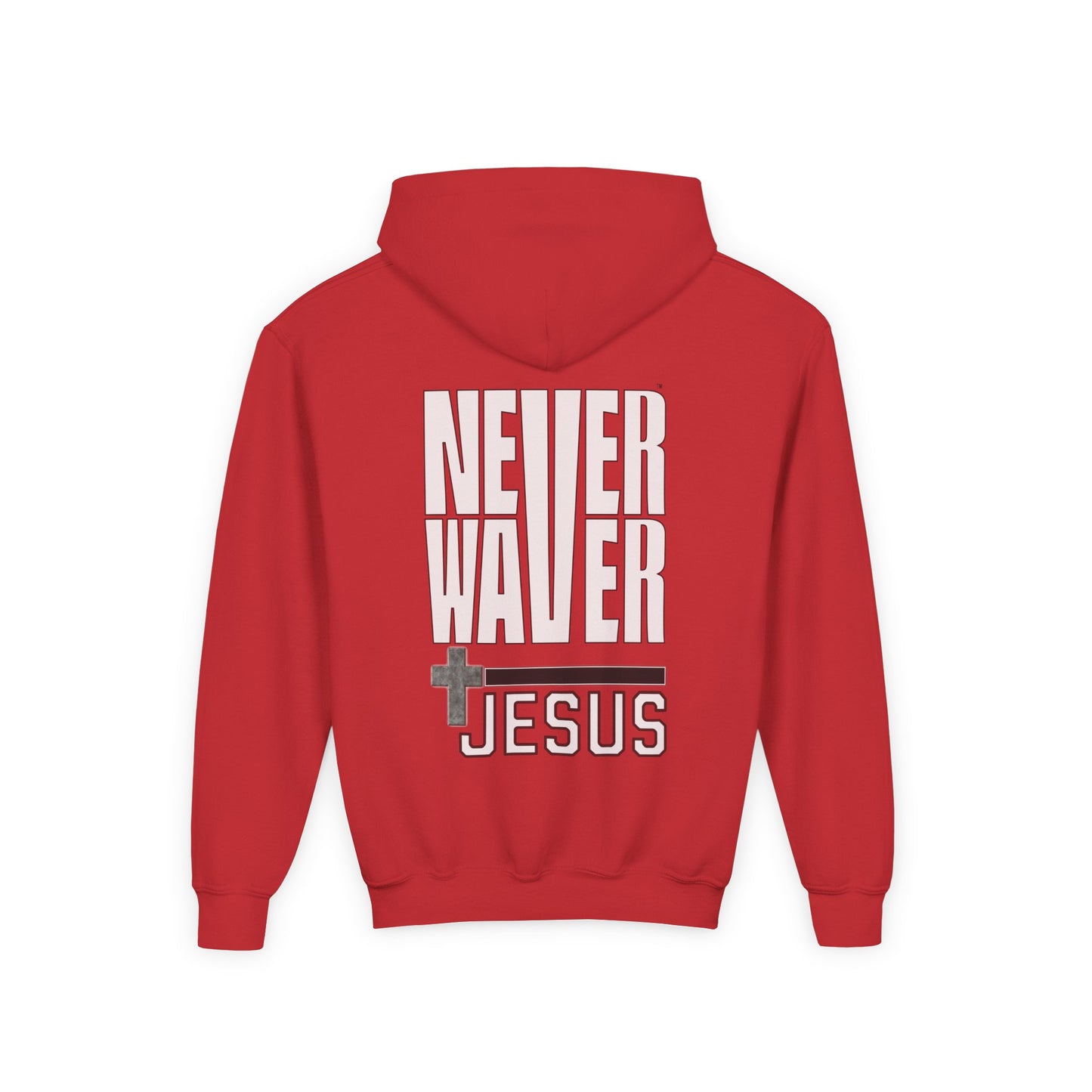 Youth Jesus Hoodie - "Never Waver” Jesus bold, eye-catching design that reflects a steadfast faith and confidence in Christ. " Sweatshirt for Young Jesus Lovers - Never Waver