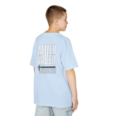 Kids Golf Tee -Never Waver” Jesus a bold, eye-catching design that reflects a steadfast faith and confidence in Christ. - Never Waver