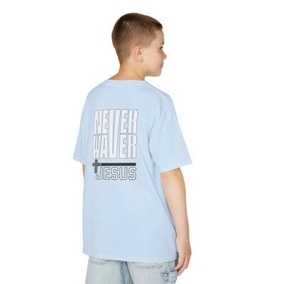 Kids Golf Tee -Never Waver” Jesus a bold, eye-catching design that reflects a steadfast faith and confidence in Christ. - Never Waver