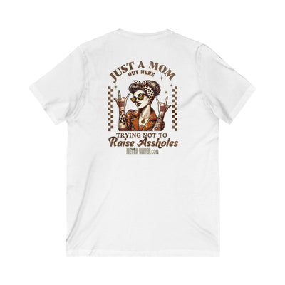 Never Waver Just A Mom Trying Not to Raise A&&holes V-Neck Tee for Moms - Patriotic Short Sleeve Shirt - Never Waver