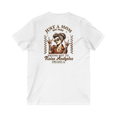 Never Waver Just A Mom Trying Not to Raise A&&holes V-Neck Tee for Moms - Patriotic Short Sleeve Shirt - Never Waver