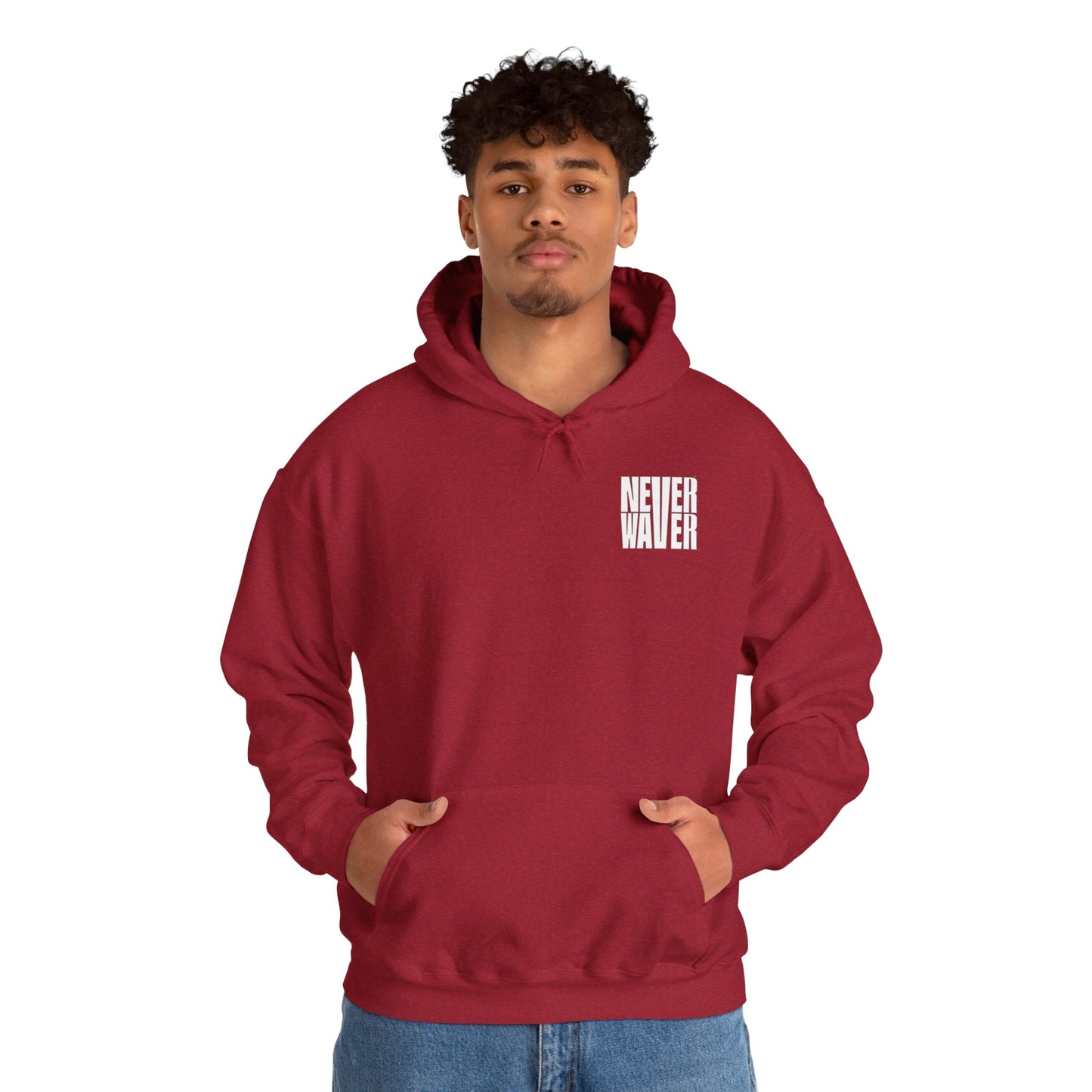 Never Waver” Jesus a bold, eye-catching design that reflects a steadfast faith and confidence in Christ. Hoodie - Unisex Heavy Blend™ Sweatshirt - Never Waver