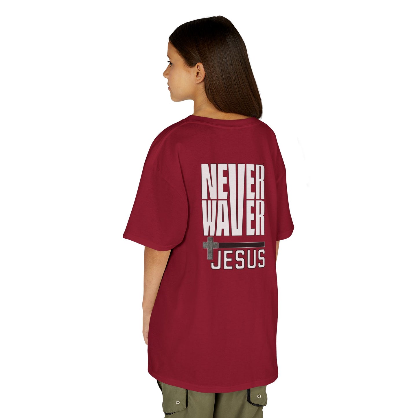 Kids Golf Tee -Never Waver” Jesus a bold, eye-catching design that reflects a steadfast faith and confidence in Christ. - Never Waver