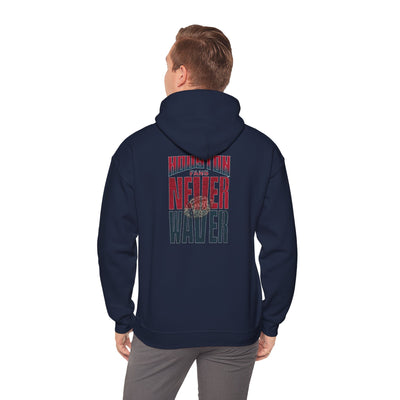 Unisex Heavy Blend™ Hooded Sweatshirt - "HOUSTON FANS NEVER WAVER w Leopard Football" Inspirational Wear - Never Waver