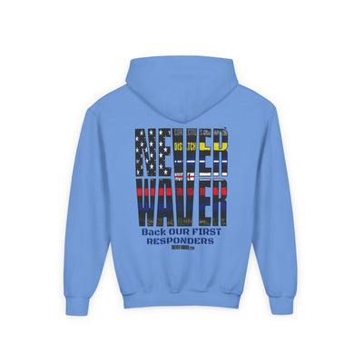 Never Waver Always Back Our First Responders Vintage-Inspired Youth Hoodie with American Flag Design - Never Waver