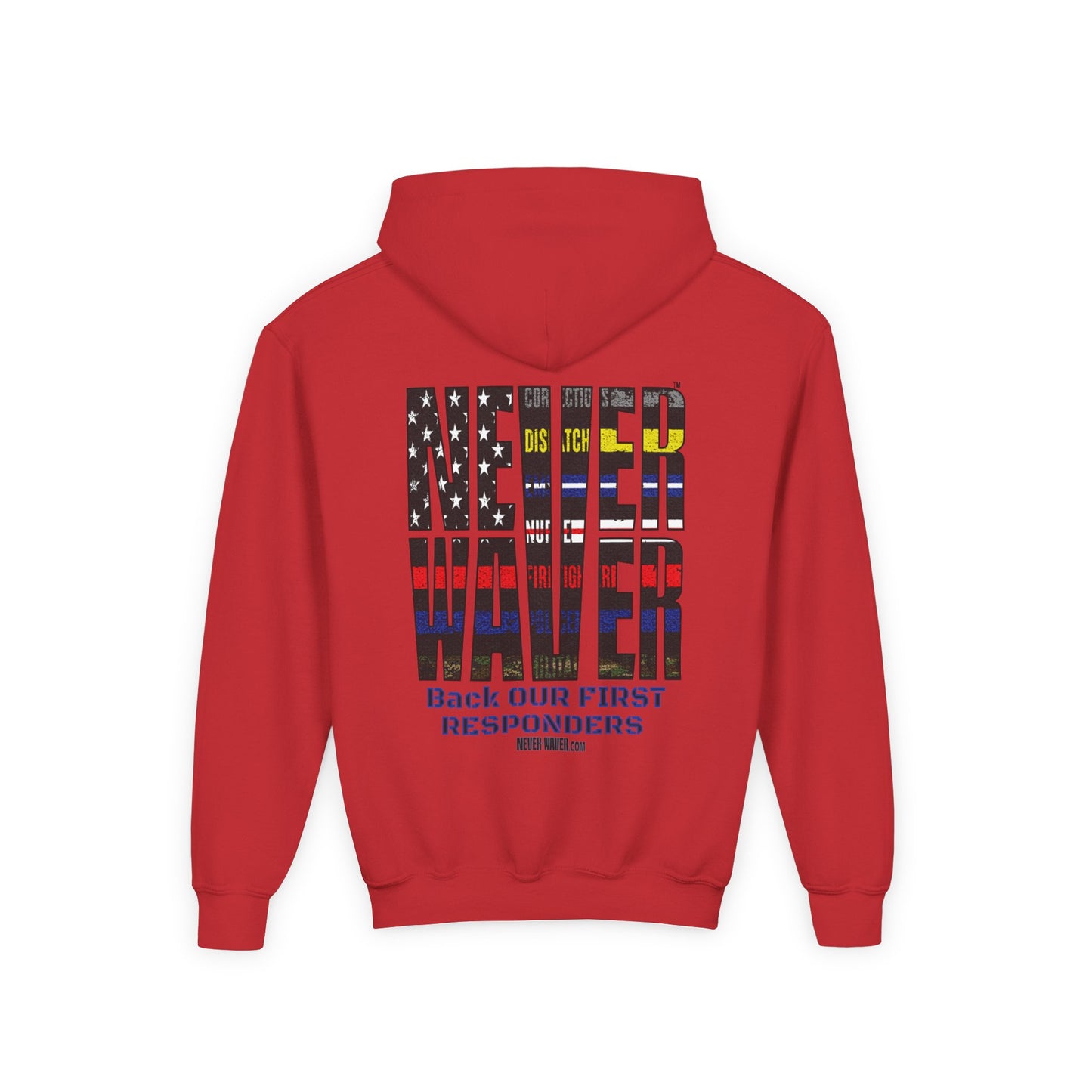 Never Waver Always Back Our First Responders Vintage-Inspired Youth Hoodie with American Flag Design - Never Waver
