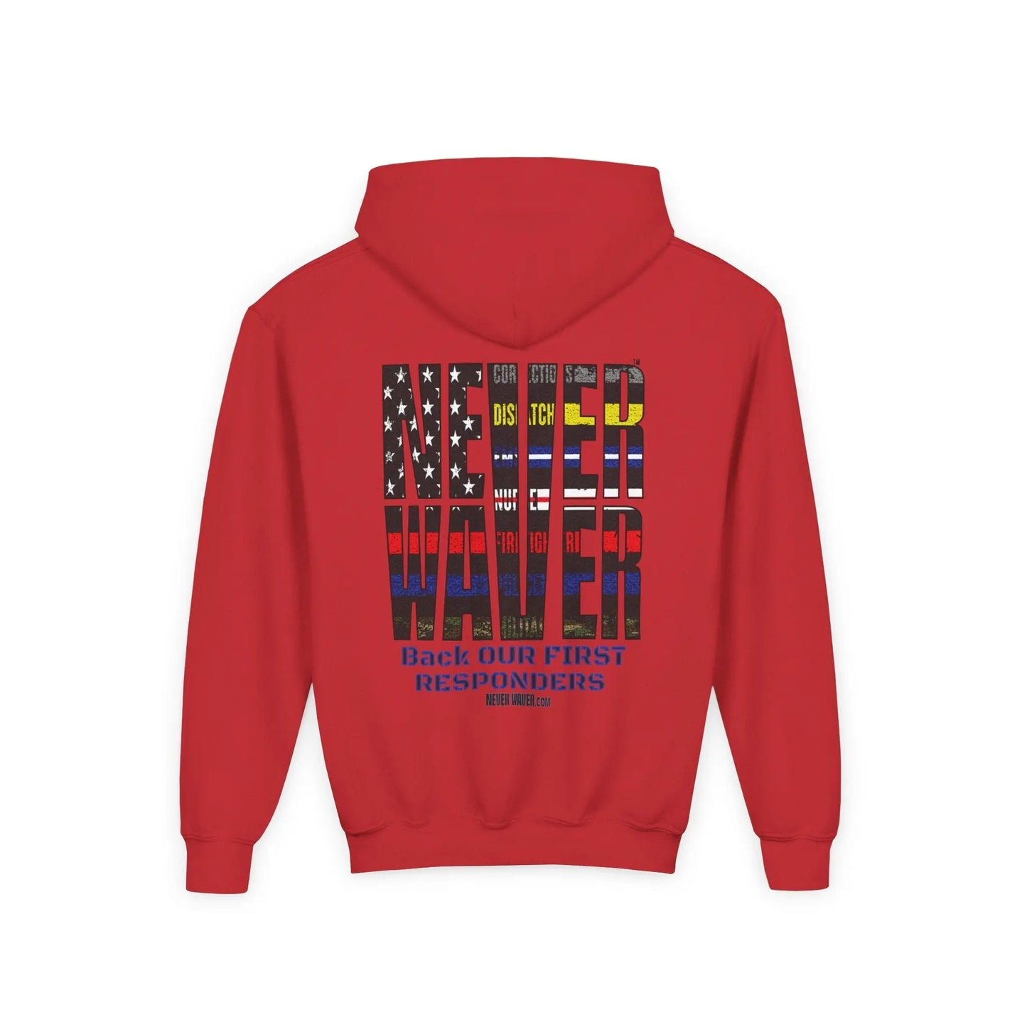 Never Waver Always Back Our First Responders Vintage-Inspired Youth Hoodie with American Flag Design - Never Waver