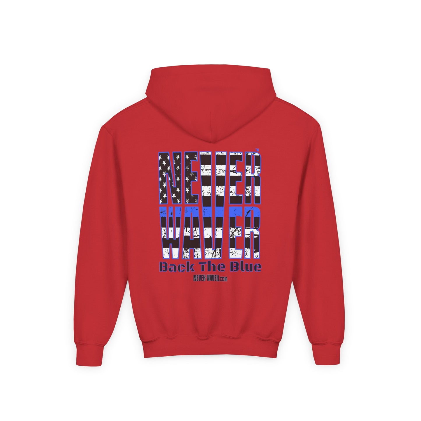 Never Waver Back The Blue Vintage-Inspired Youth Hoodie with American Flag Design - Never Waver