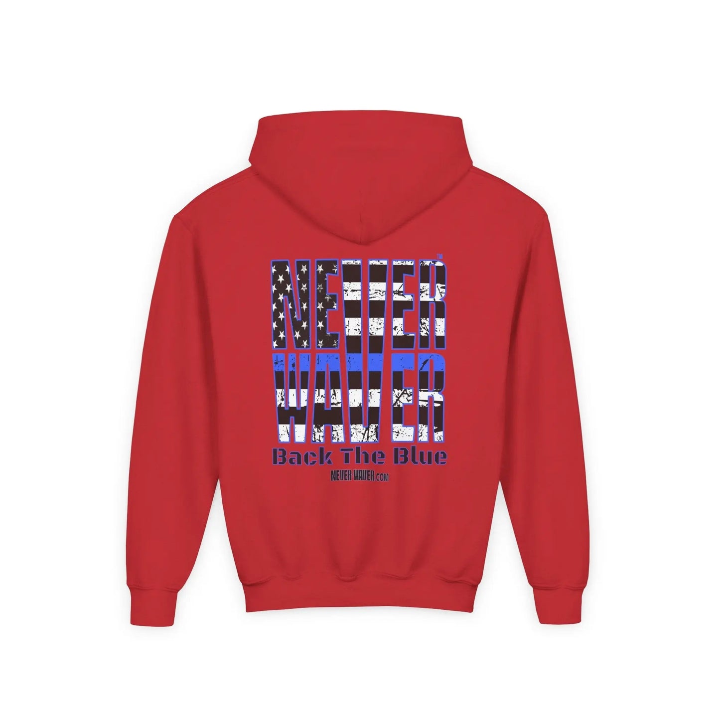 Never Waver Back The Blue Vintage-Inspired Youth Hoodie with American Flag Design - Never Waver