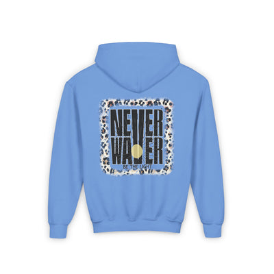 Youth Heavy Blend Hoodie - "NEVER WAVER Be The Light Design" Motivational Sweatshirt - Never Waver