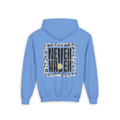 Youth Heavy Blend Hoodie - "NEVER WAVER Be The Light Design" Motivational Sweatshirt - Never Waver