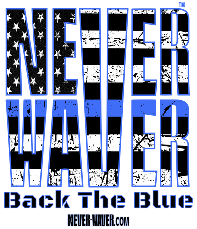 Never Waver Back The Blue American flag apparel, patriotic clothing brand, USA-made streetwear, motivational shirts, Never Waver clothing