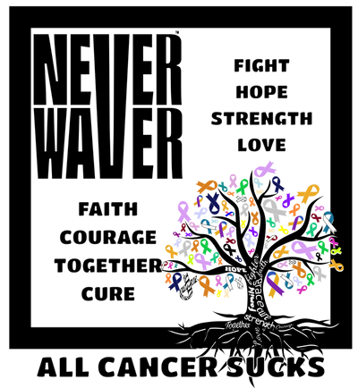 Never Waver ALL CANCERS Sucks motivational clothing, inspirational apparel, positive mindset shirts, empowerment hoodies, Never Waver brand, motivational quotes shirts, self-growth apparel, resilience clothing, mental strength clothing