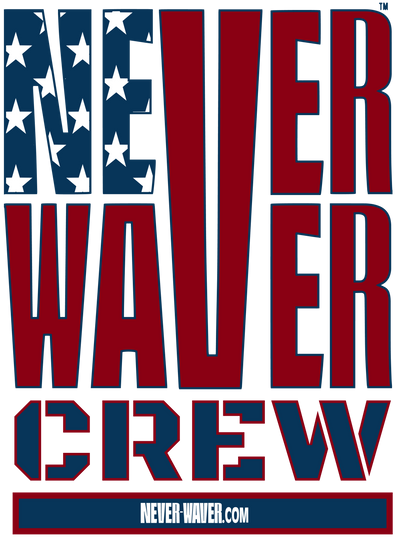 Never Waver Crew represents a bold and unique brand style with a stylized American flag look. This design reflects values of strength and unity, conveying a message of resilience. 