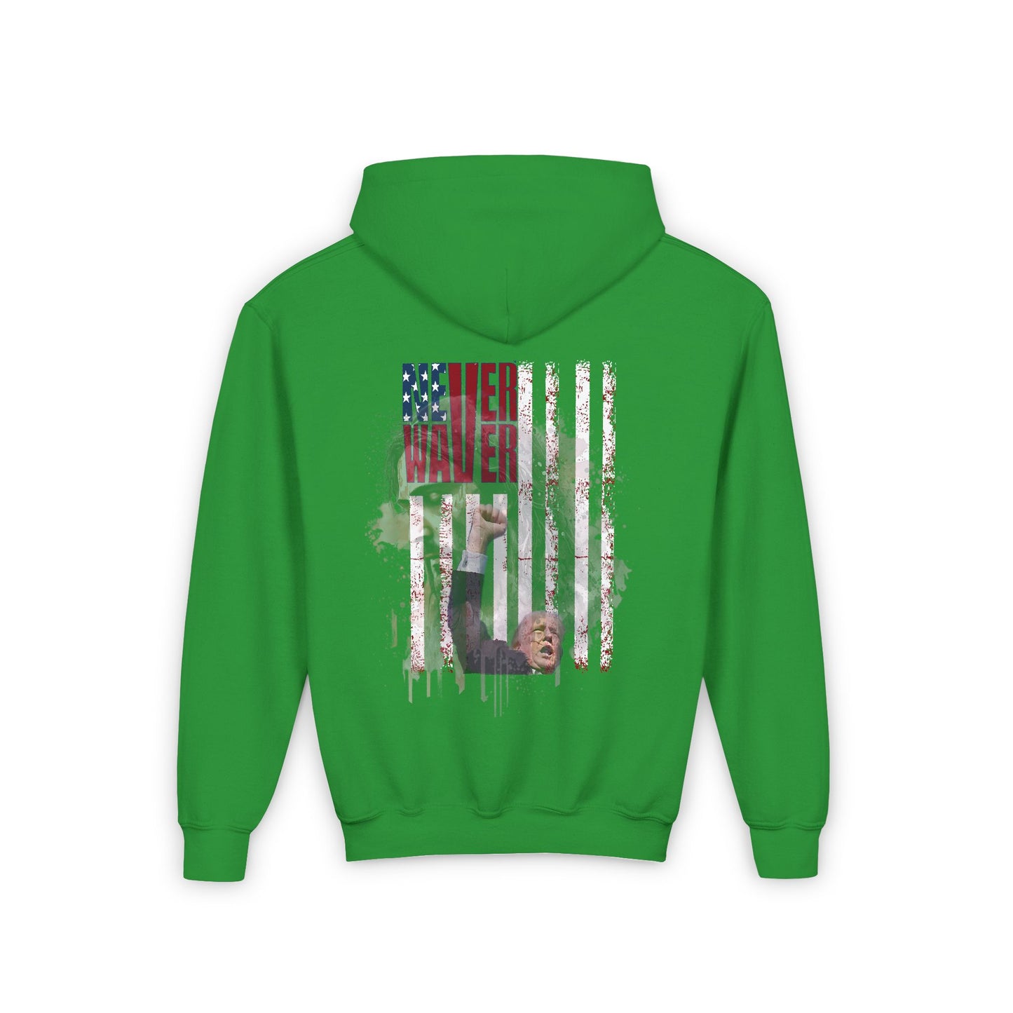 Never Waver Trump Fist Pump W Jesus Protection Vintage-Inspired Youth Hoodie with American Flag Design - Never Waver