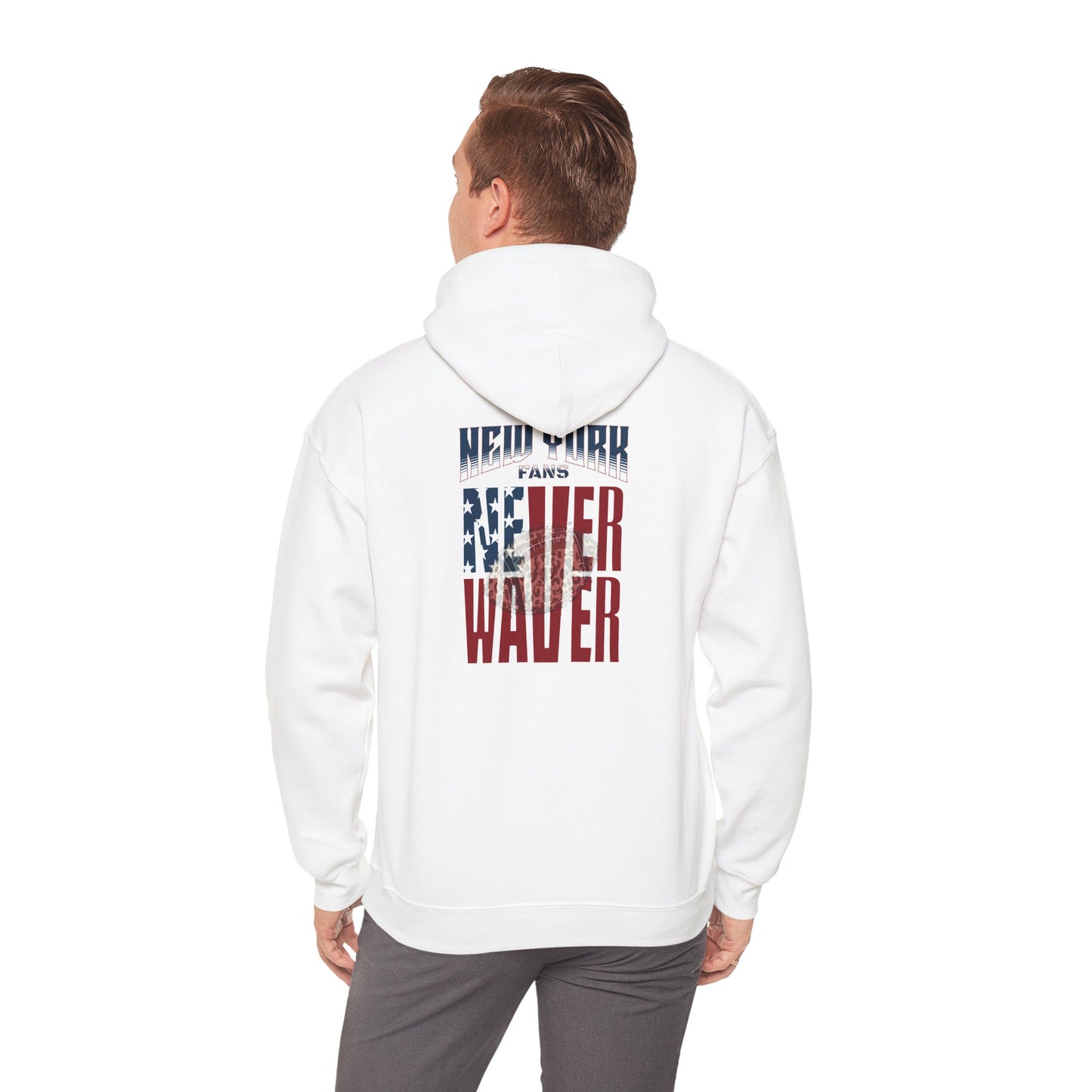 Unisex Heavy Blend™ Hooded Sweatshirt - 'New York Fans Never Waver W Leopard Football' American Pride Design - Never Waver