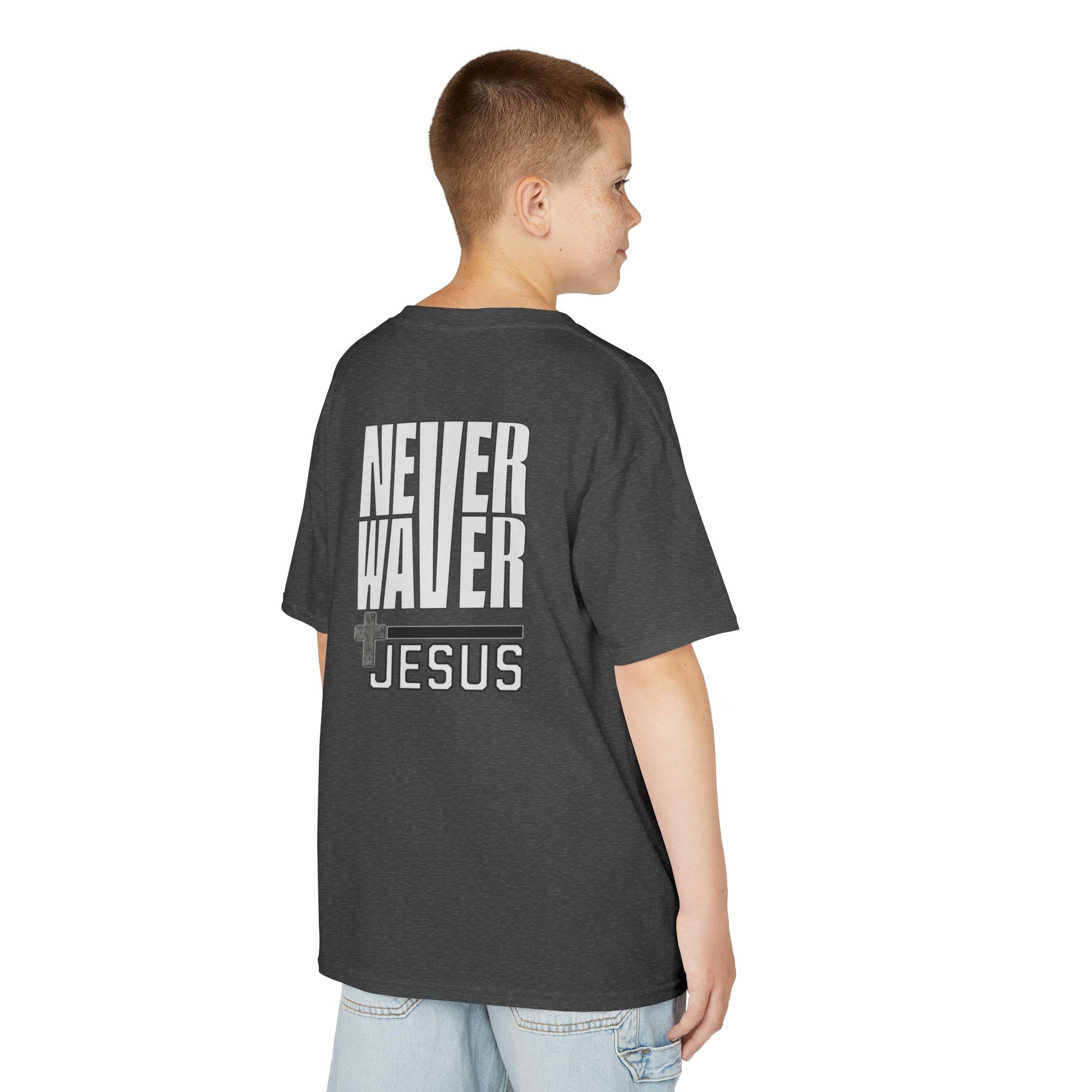 Kids Golf Tee -Never Waver” Jesus a bold, eye-catching design that reflects a steadfast faith and confidence in Christ. - Never Waver
