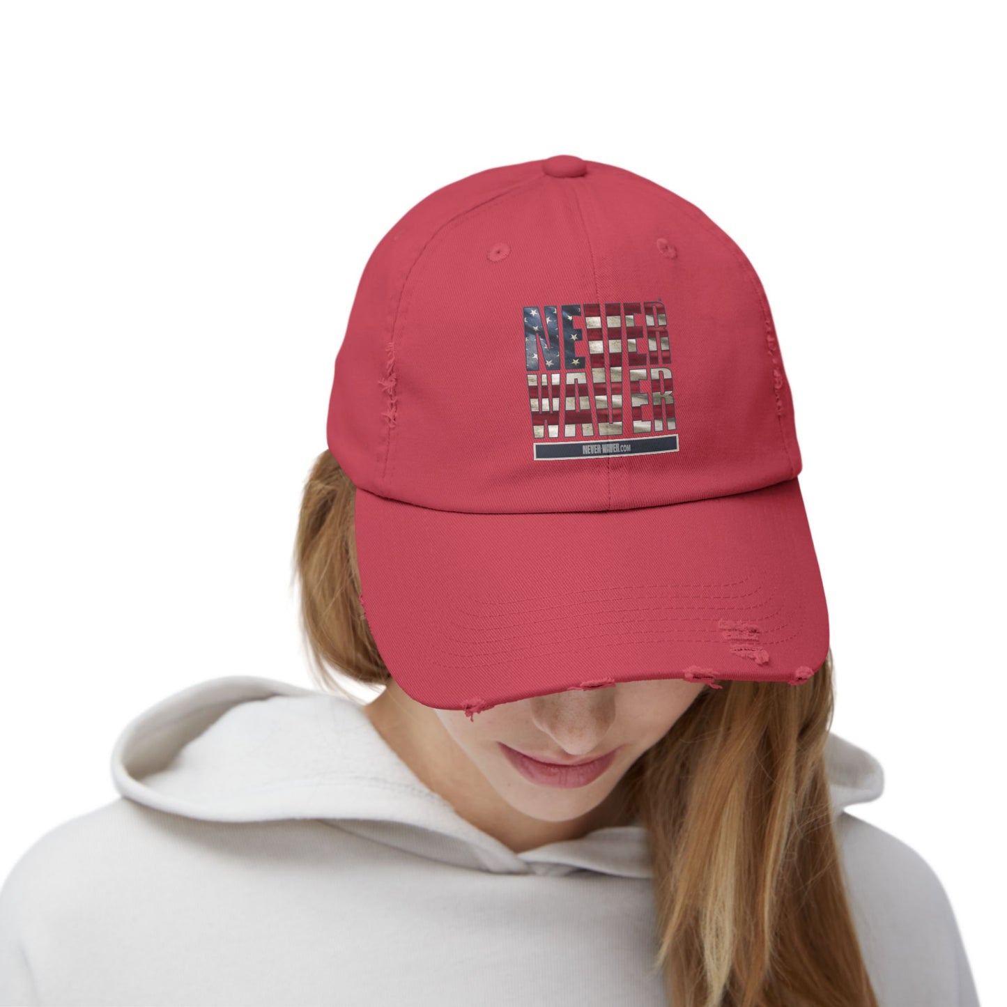 Distressed Cap - "Never Waver" Statement Hat for Everyday Style Patriotic