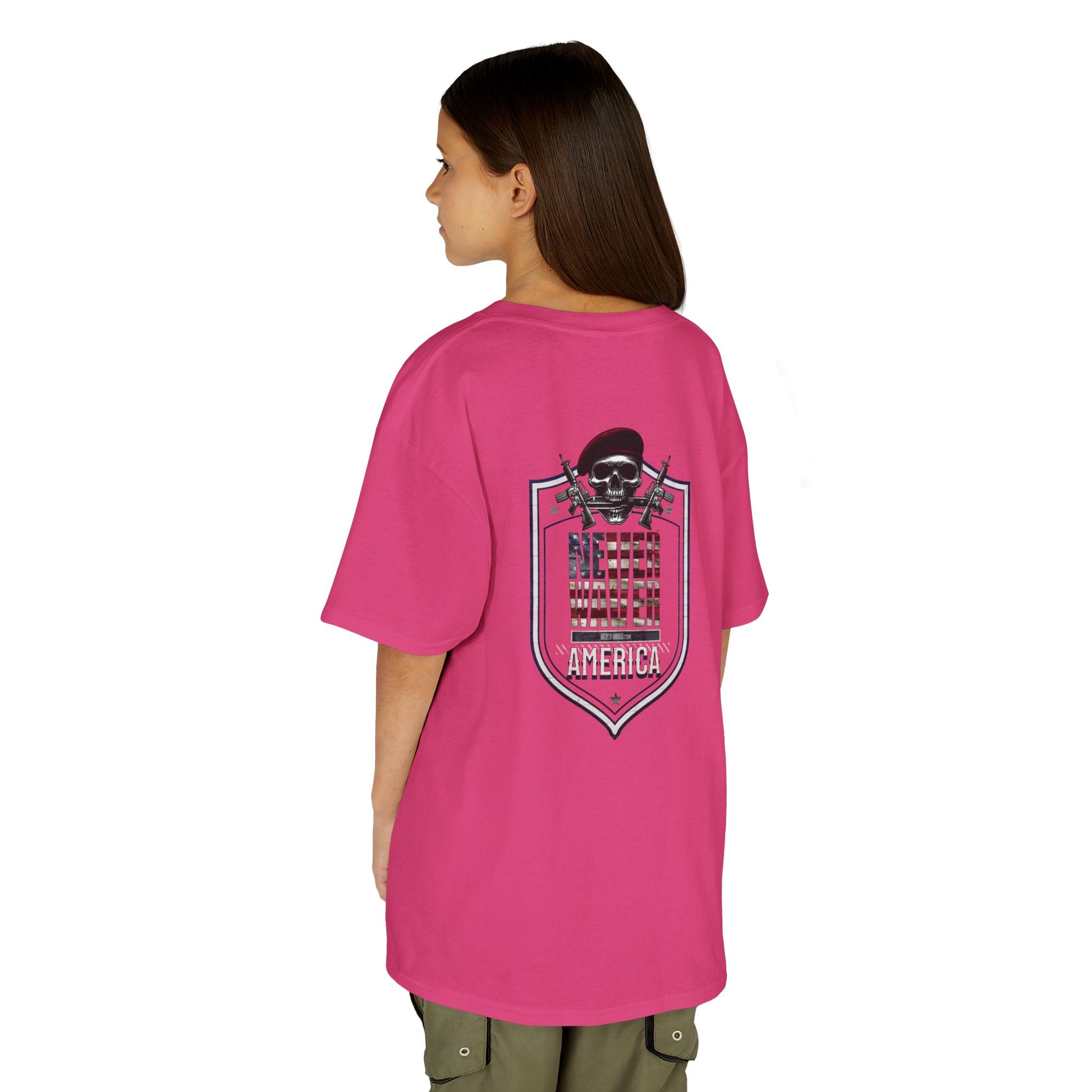 Patriotic Kids Heavy Cotton Tee - 'America Never Waver' USA Graphic Tee - Never Waver
