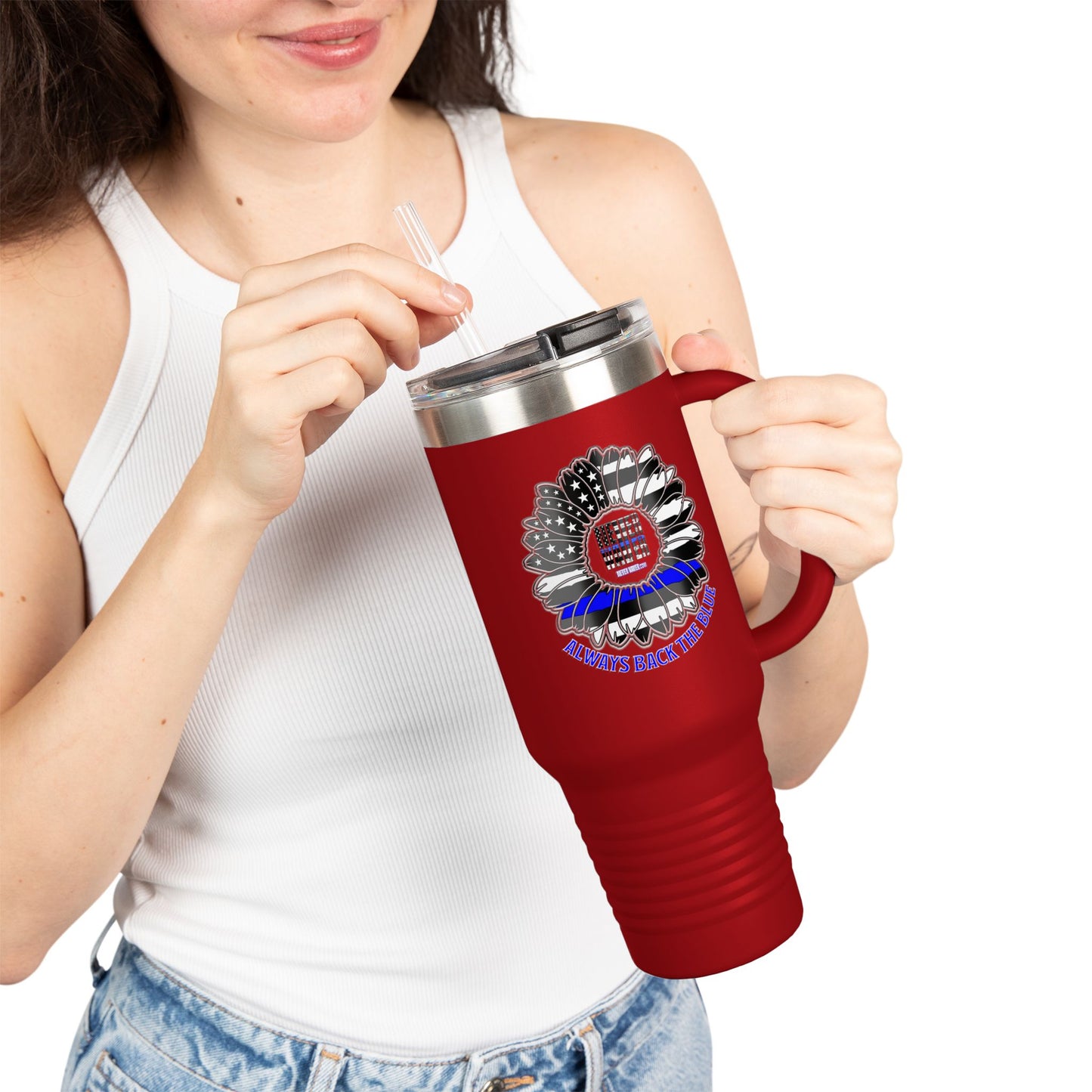 True Americans Never Waver They Always Back The Blue   Insulated Travel Mug, 40oz - Never Waver