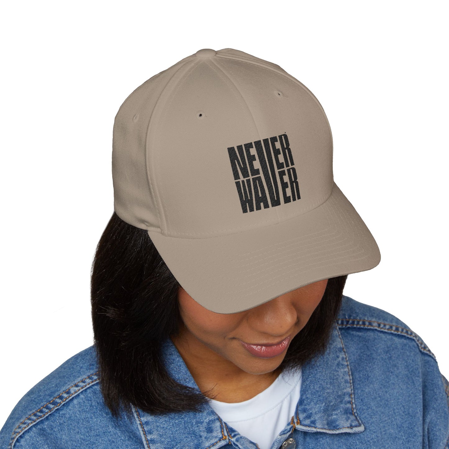 Never Waver Embroidered Cap - Structured White Baseball Hat for Motivation and Style