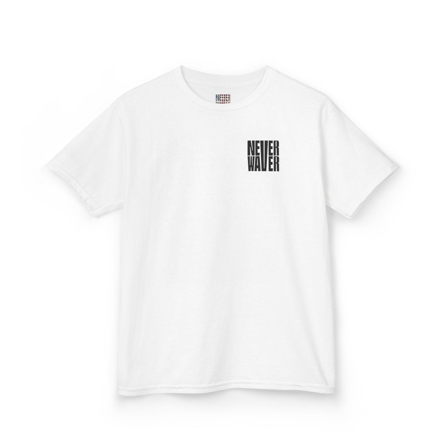 Kids Tee Never Waver” Jesus t-shirt might feature a bold, eye-catching design that reflects a steadfast faith and confidence in Christ.  - Never Waver