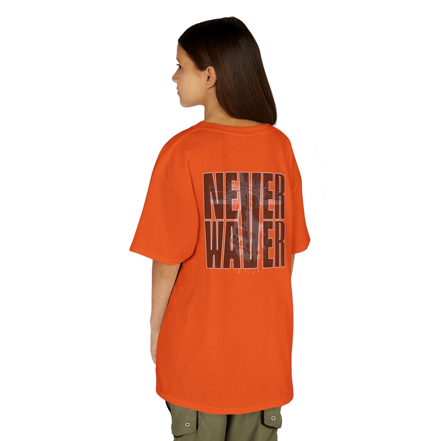 Kids Tee Never Waver” Jesus t-shirt might feature a bold, eye-catching design that reflects a steadfast faith and confidence in Christ.  - Never Waver