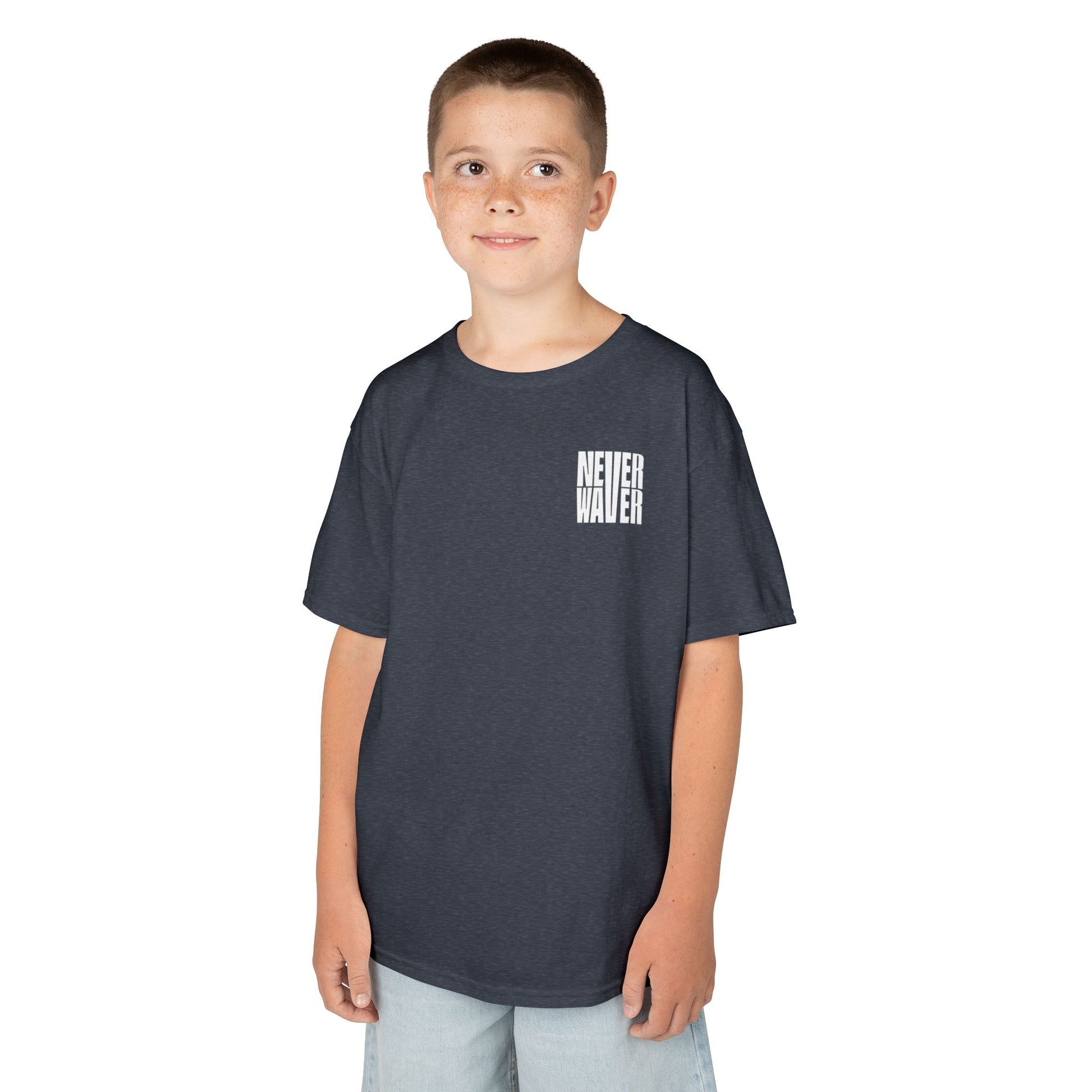 Kids Golf Tee -Never Waver” Jesus a bold, eye-catching design that reflects a steadfast faith and confidence in Christ. - Never Waver