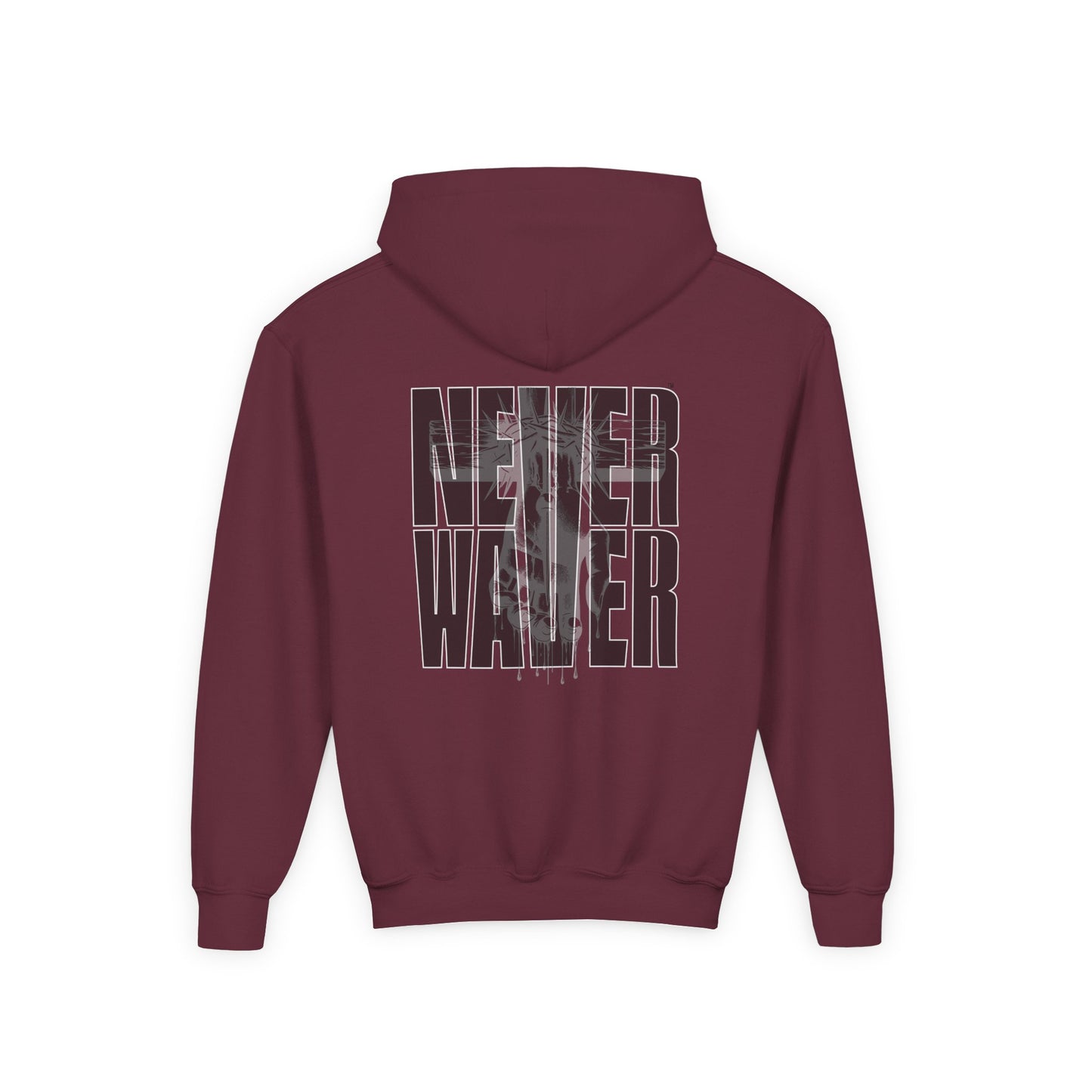 Hoodie - "Never Waver” Jesus a bold, eye-catching design that reflects a steadfast faith and confidence in Christ. " Sweatshirt for Young - Never Waver