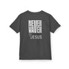 Kids Golf Tee -Never Waver” Jesus a bold, eye-catching design that reflects a steadfast faith and confidence in Christ. - Never Waver