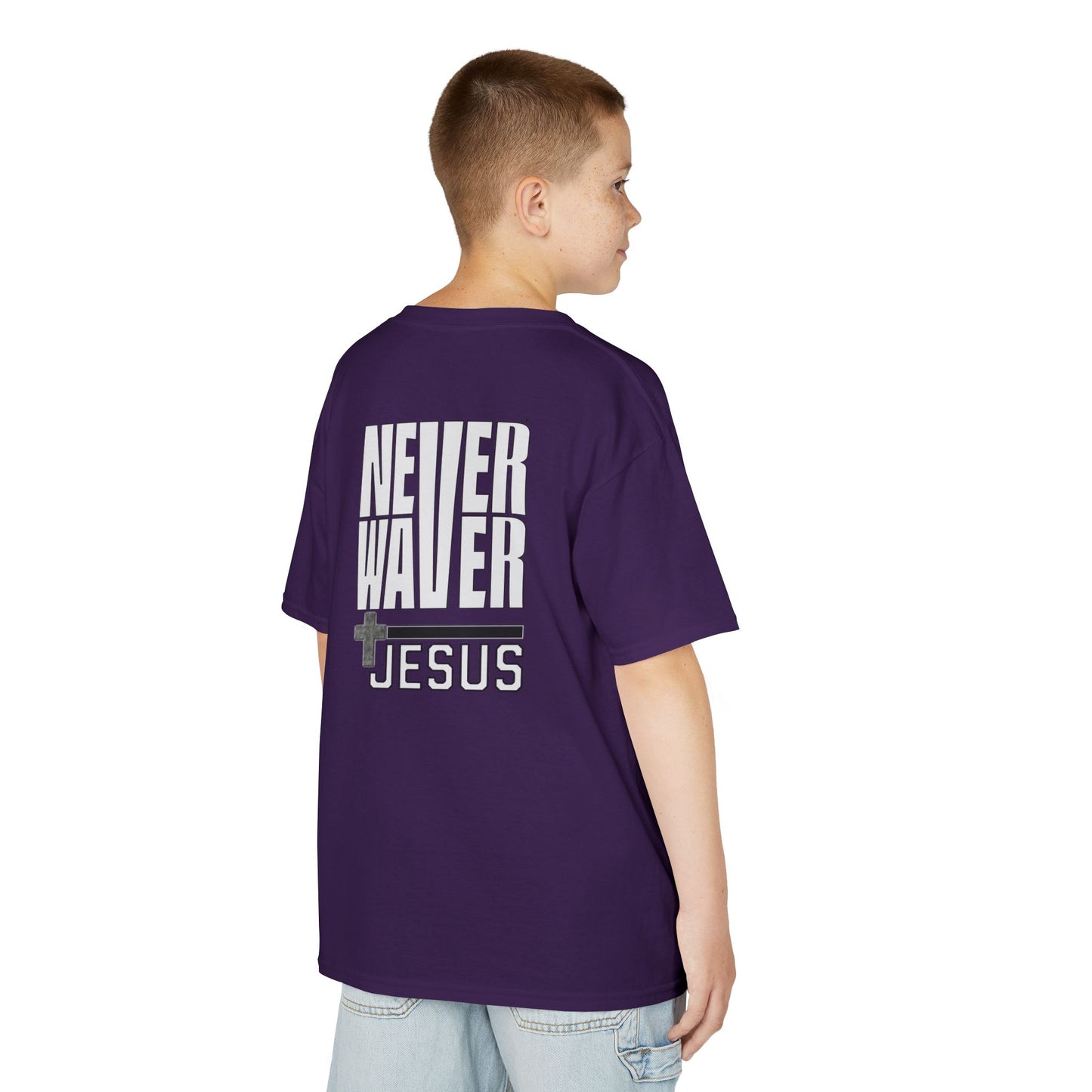 Kids Golf Tee -Never Waver” Jesus a bold, eye-catching design that reflects a steadfast faith and confidence in Christ. - Never Waver