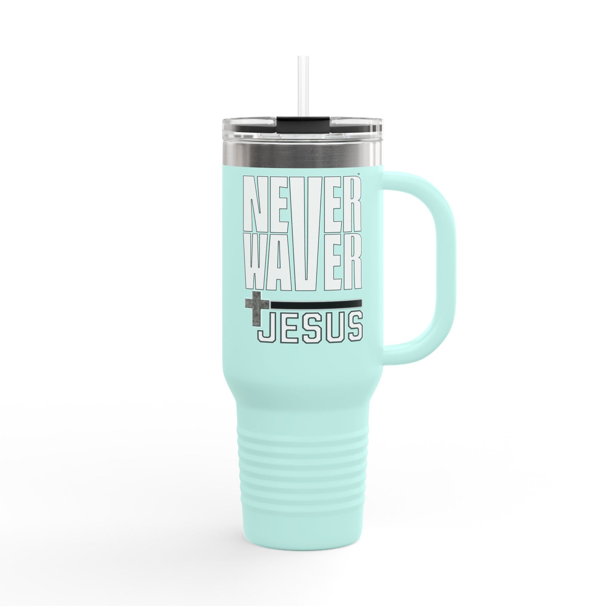 Insulated Travel Mug - "Never Waver” Jesus a bold, eye-catching design that reflects a steadfast faith and confidence in Christ. " - 40oz Sporty Drinkware - Never Waver