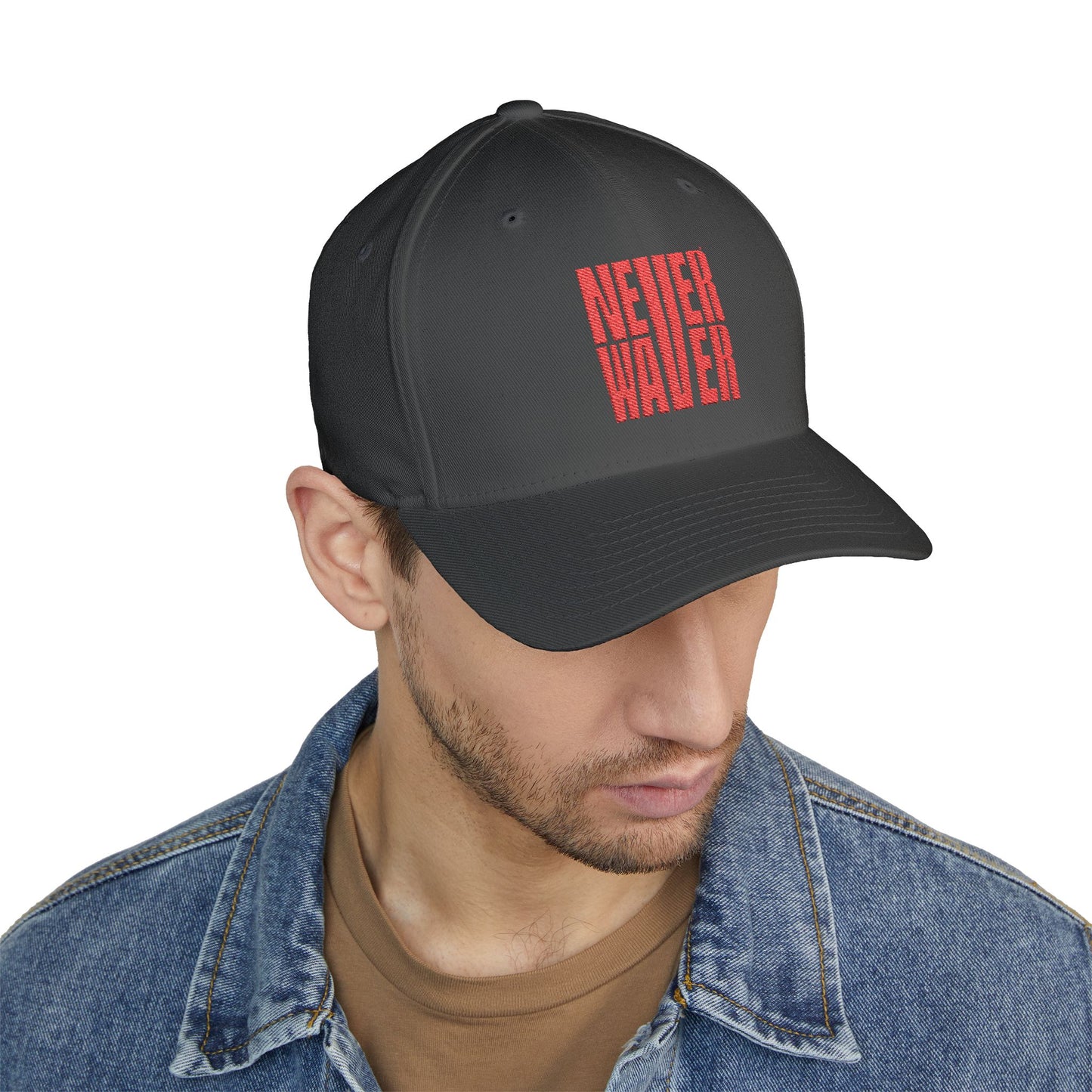 Stylish Embroidered Cap - "NEVER WAVER" Red Baseball Hat