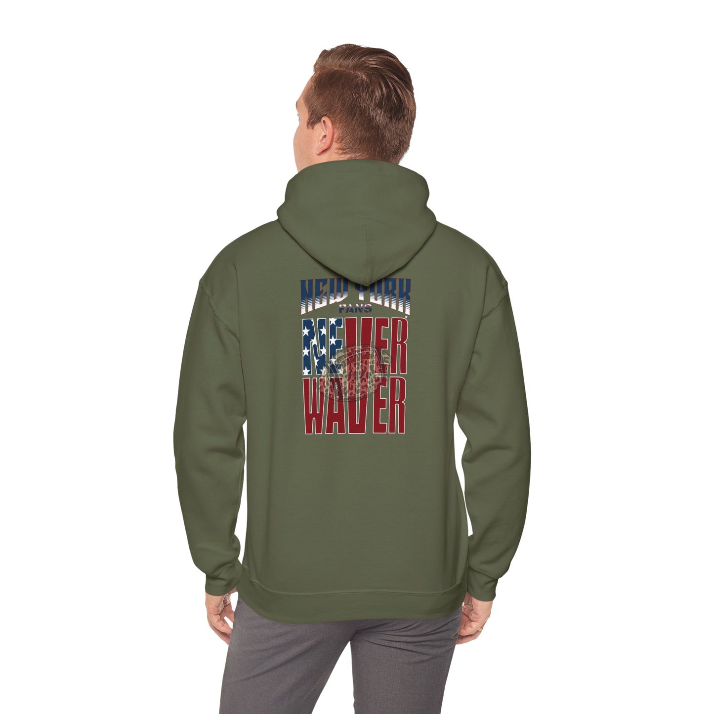 Unisex Heavy Blend™ Hooded Sweatshirt - 'New York Fans Never Waver W Leopard Football' American Pride Design - Never Waver