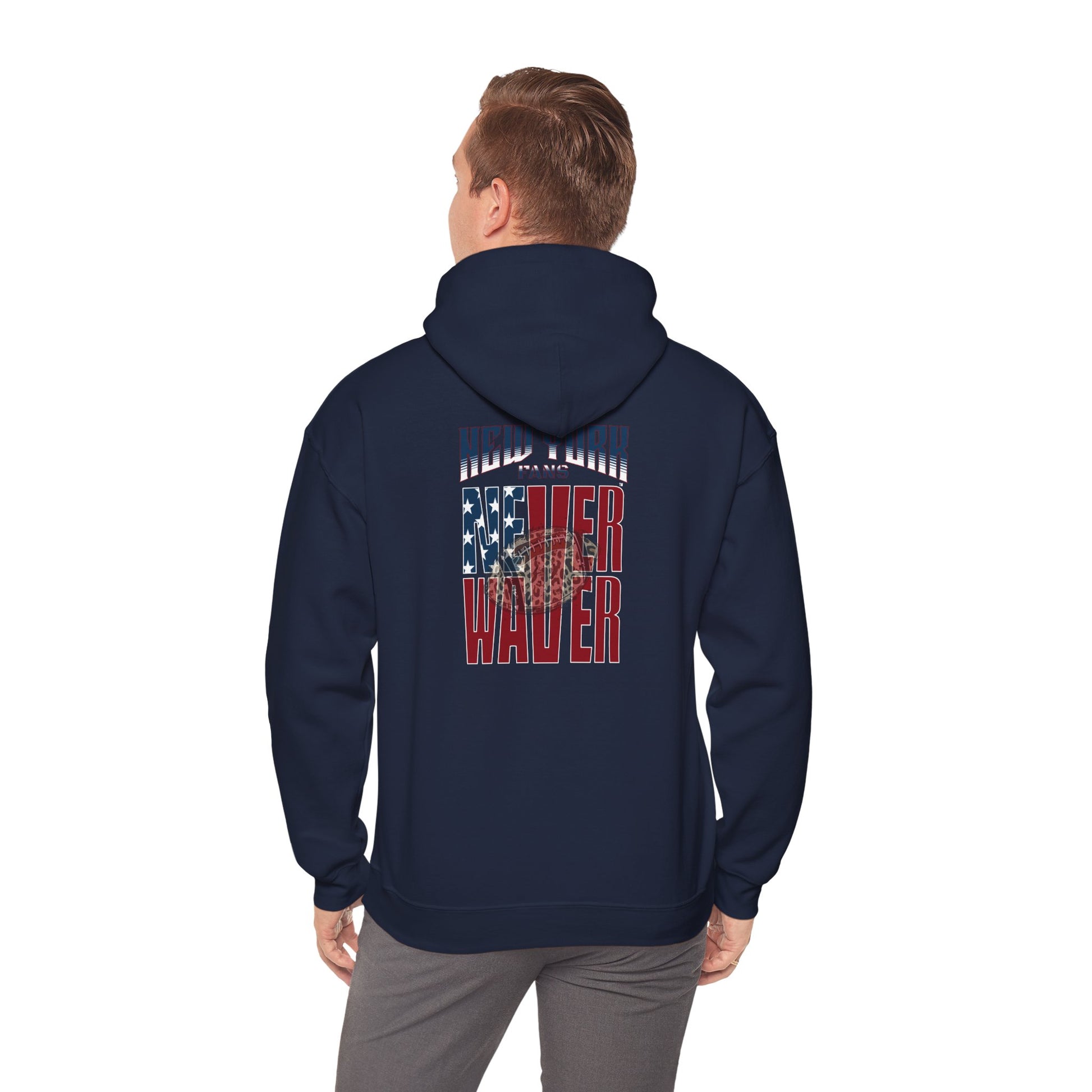 Unisex Heavy Blend™ Hooded Sweatshirt - 'New York Fans Never Waver W Leopard Football' American Pride Design - Never Waver