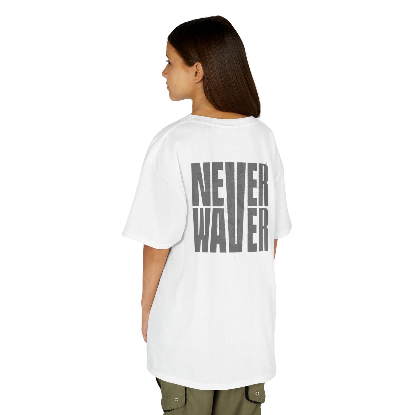 Kids Tee Never Waver” Jesus t-shirt might feature a bold, eye-catching design that reflects a steadfast faith and confidence in Christ.  - Never Waver