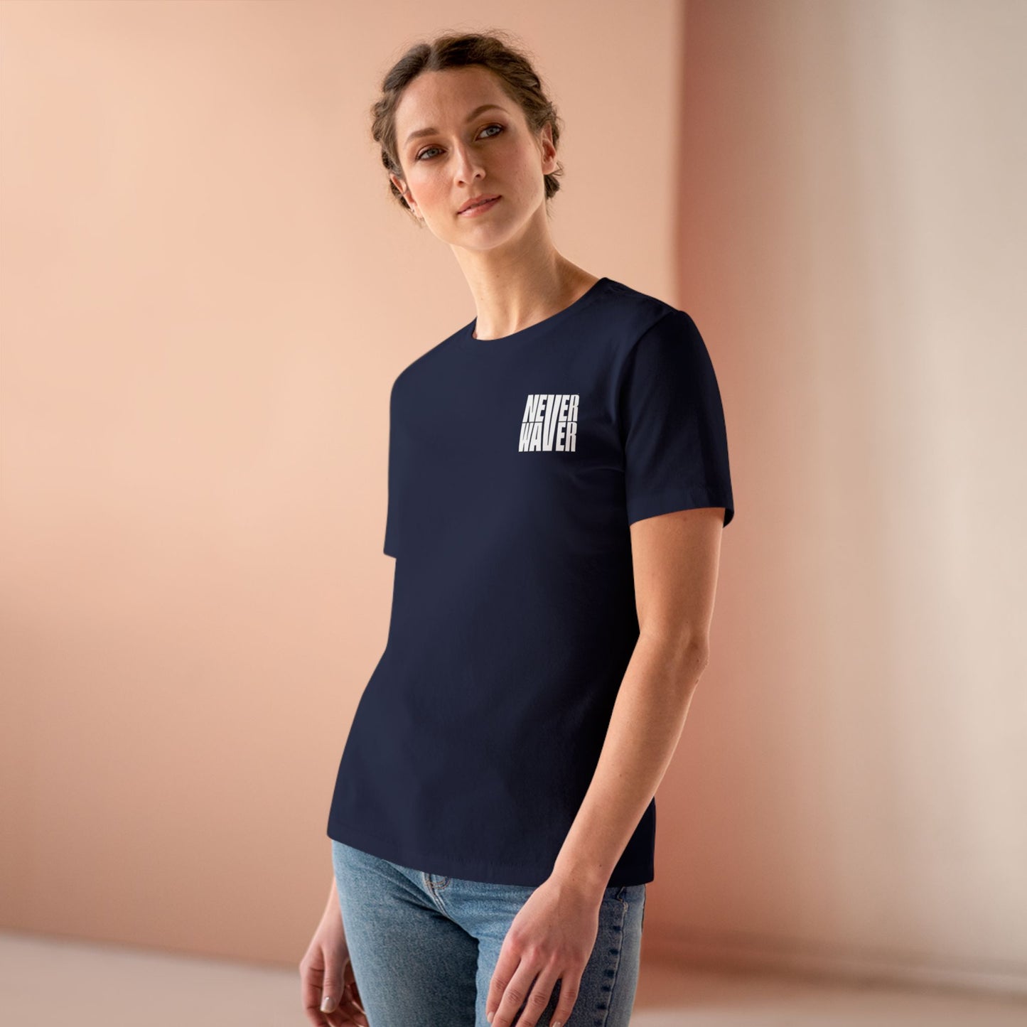 Never Waver” Jesus bold, eye-catching design that reflects a steadfast faith and confidence in Christ. Women's Cotton Tee - Never Waver