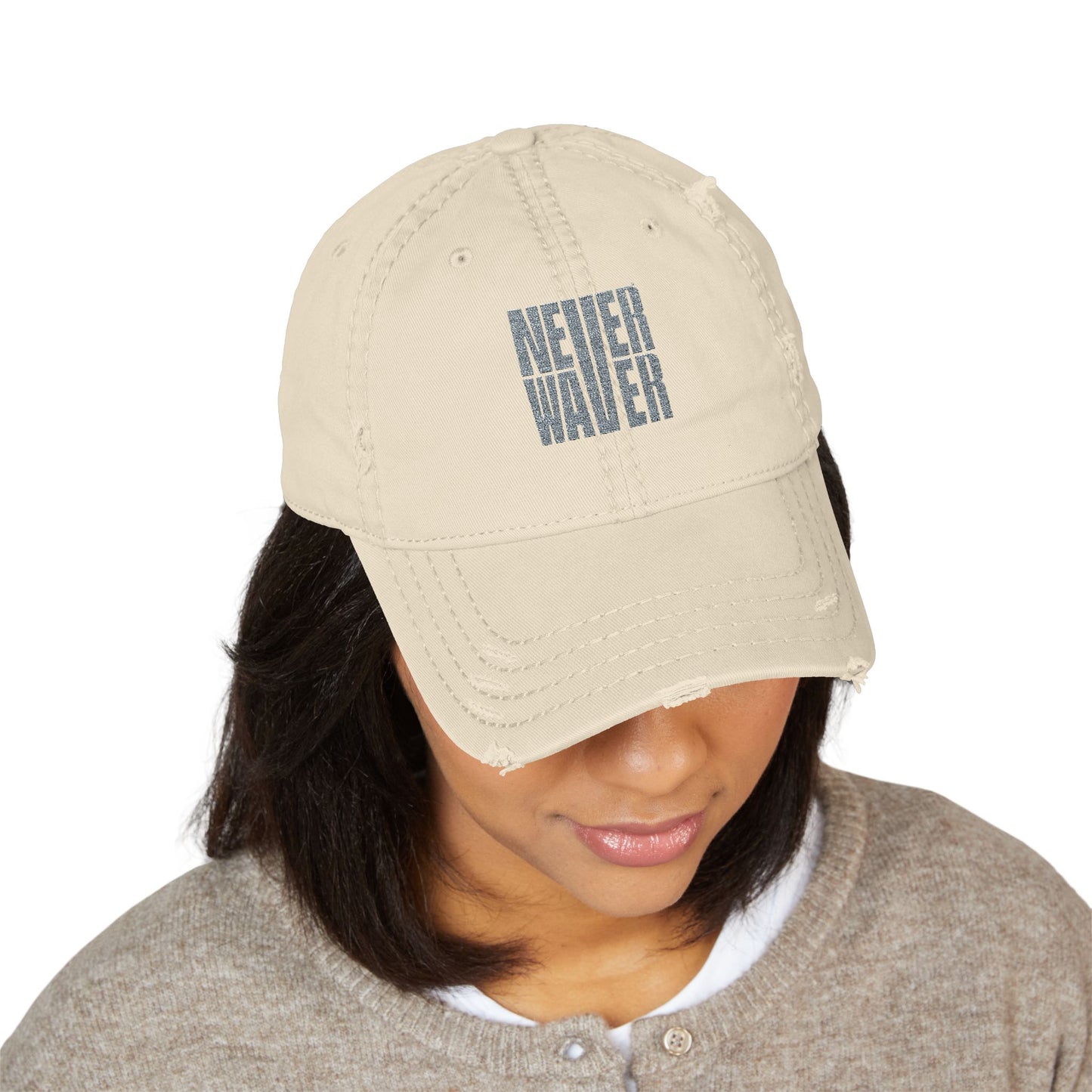 Distressed Dad Hat with 'Never Waver' Embroidery - Casual Style for Everyday Adventures