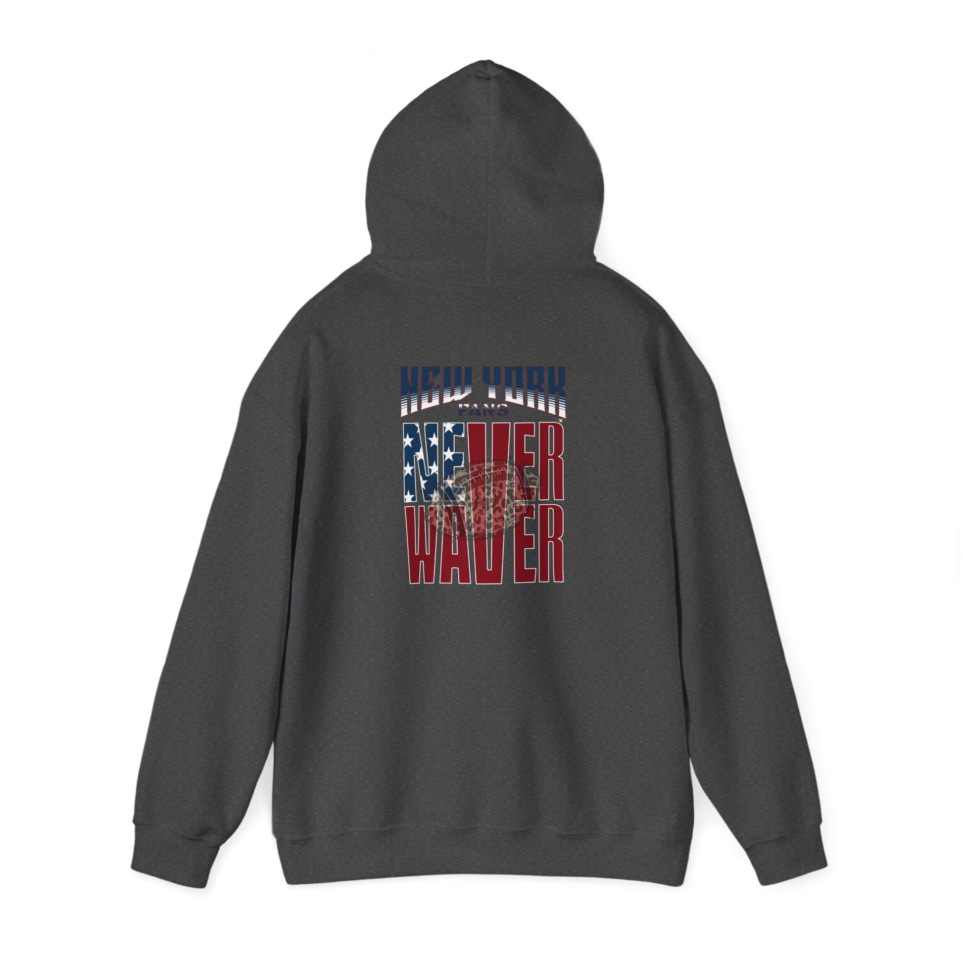 Unisex Heavy Blend™ Hooded Sweatshirt - 'New York Fans Never Waver W Leopard Football' American Pride Design - Never Waver