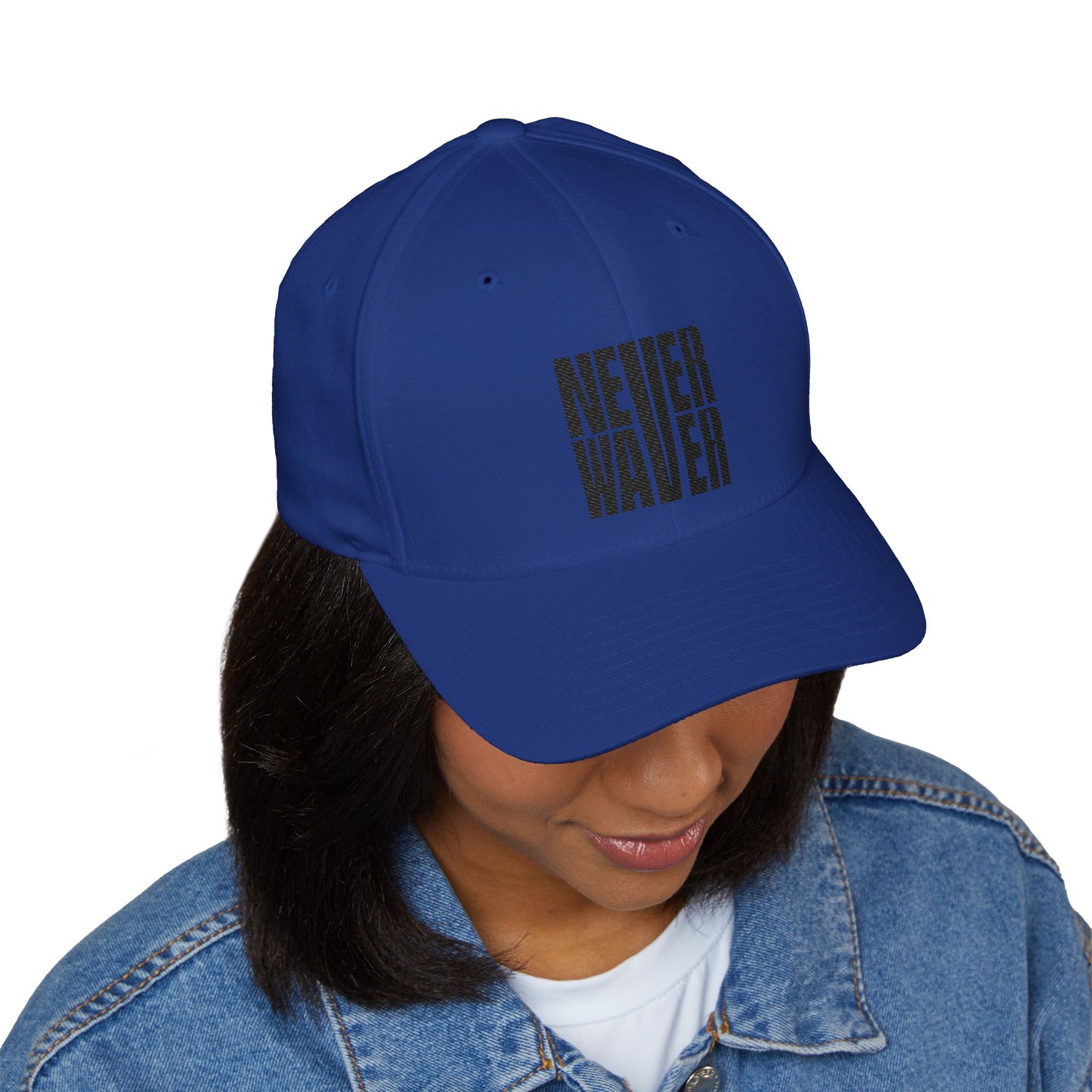 Never Waver Embroidered Cap - Structured White Baseball Hat for Motivation and Style
