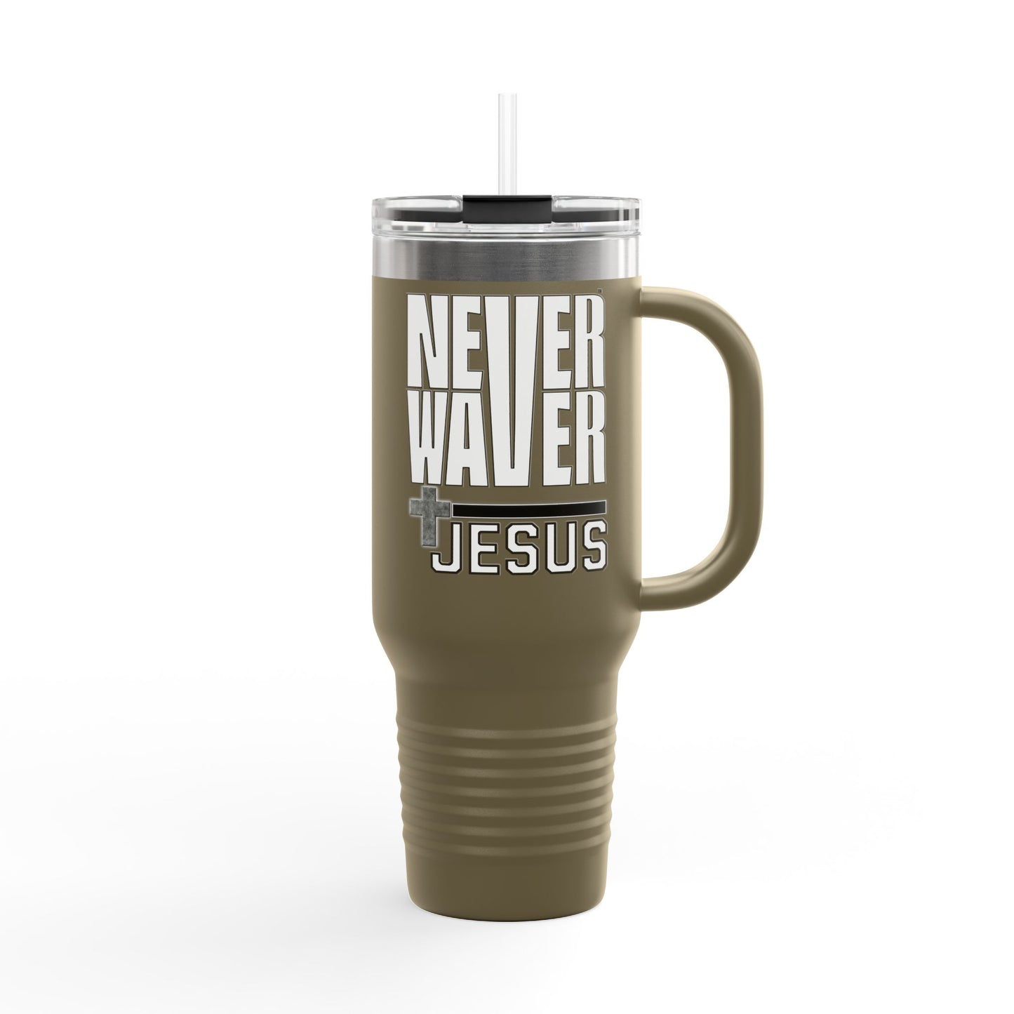 Insulated Travel Mug - "Never Waver” Jesus a bold, eye-catching design that reflects a steadfast faith and confidence in Christ. " - 40oz Sporty Drinkware - Never Waver